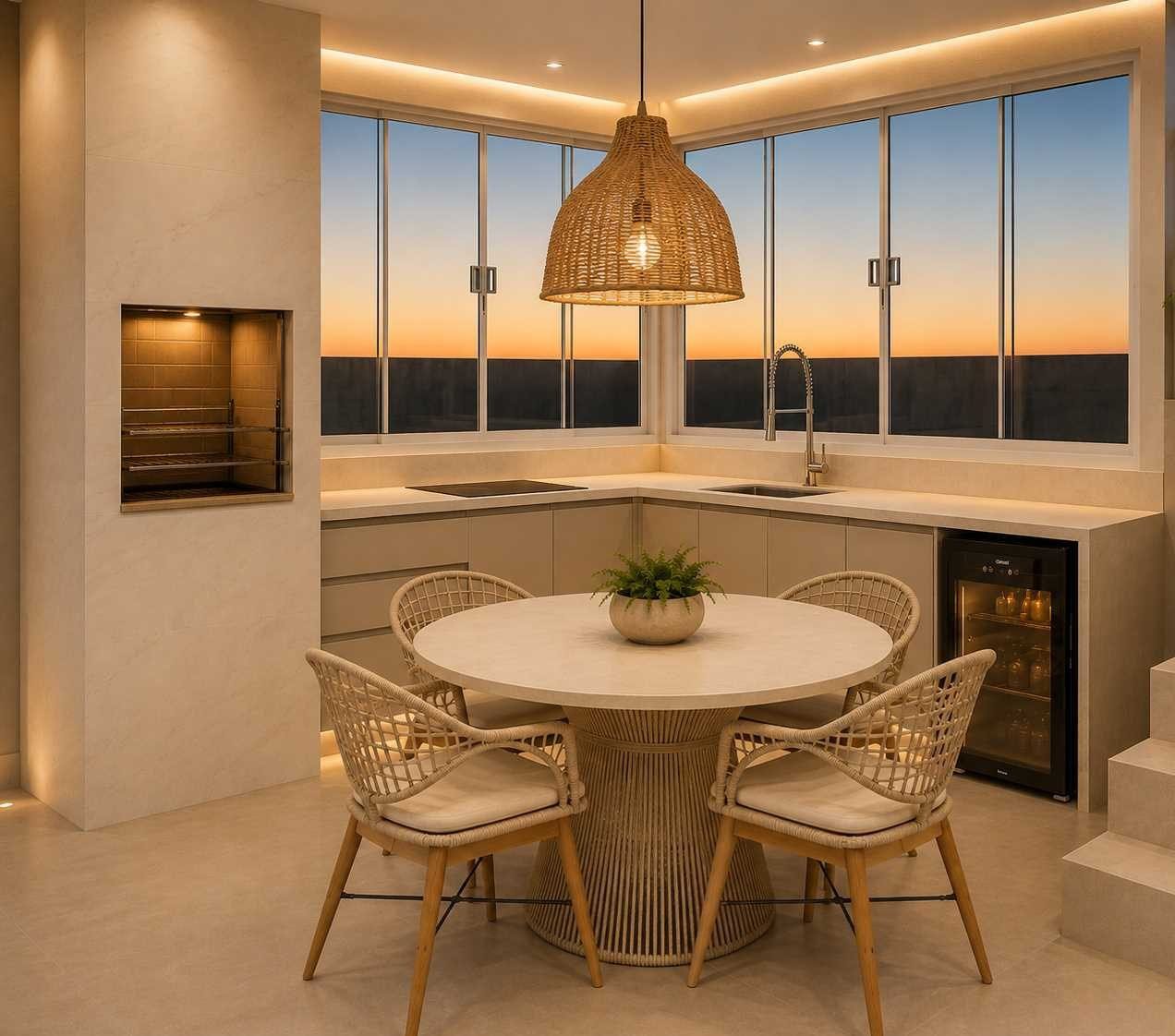 Cozinha gourmet com churrasqueira e vista panorâmica