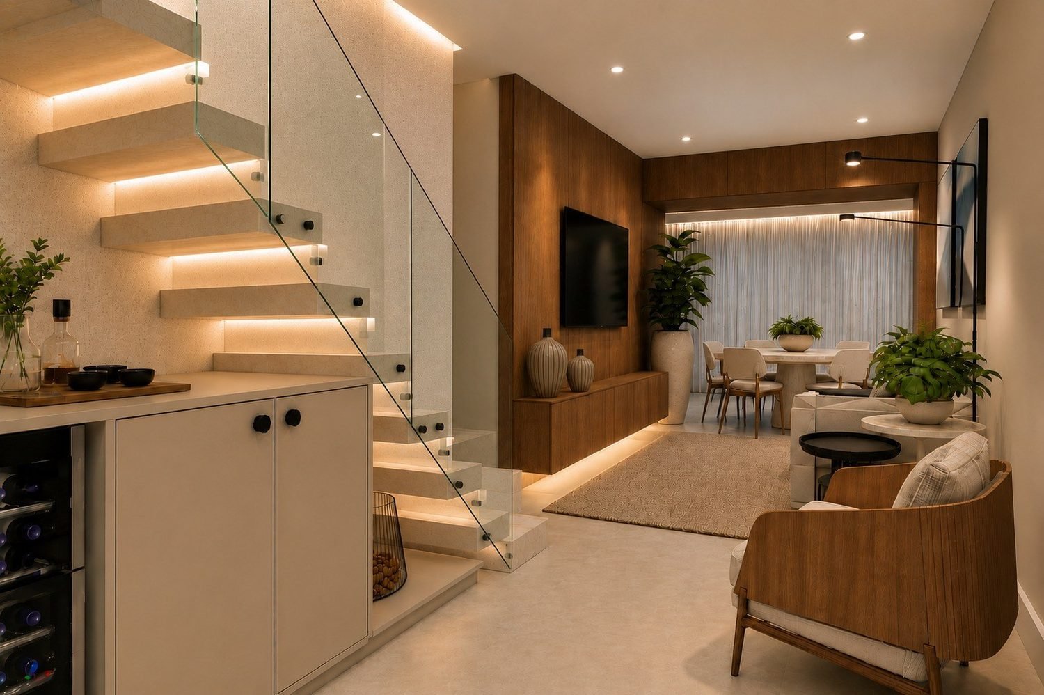Living integrado com escada de vidro e adega, projeto de Rute Moraes
