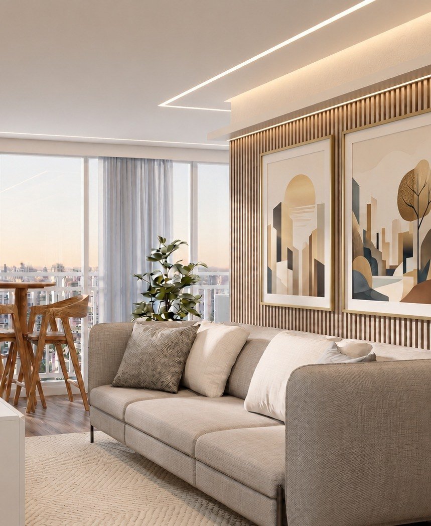 Living com painel ripado de madeira, varanda e vista da cidade, projeto de Rute Moraes